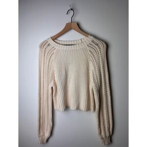 NWT American‎ Eagle Cream Knit Cropped Sweater Long Sleeve Open Stitch XS